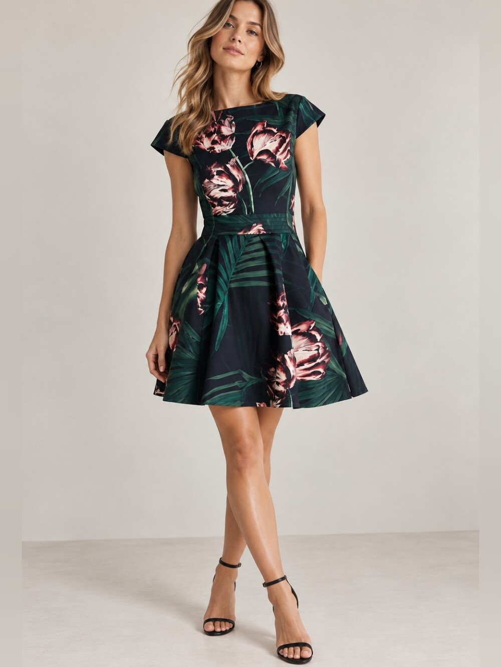 TED BAKER Florell Tropical Floral Palm Leaves Scuba Skater Dress Size 10